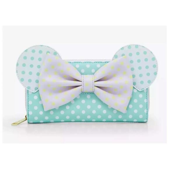 Loungefly Disney Minnie Mouse Polka Dot Wallet Pastel Zip Around With Bow Accent - Picture 1 of 11